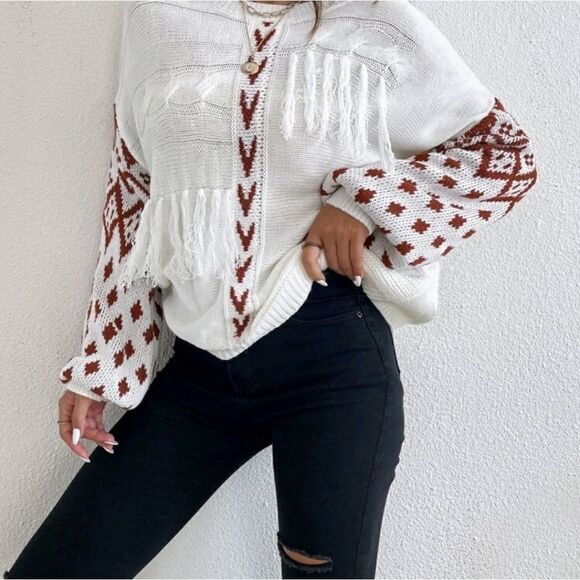 Geo Pattern Tassel Detail Drop Shoulder Sweater - Picture 5 of 8